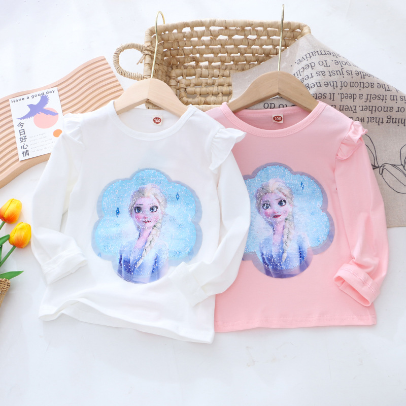 DISNEY Frozen Princess Elsa baby designer clothes Children autumn wear base top girl long-sleeved T-shirt two-sided color-changing sequin princess top