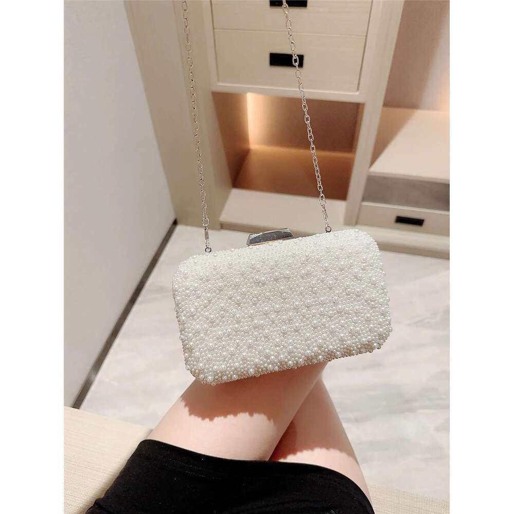 New Pearl Square Box Type Beaded Clutch Chain Banquet Evening Dress Wedding Bag