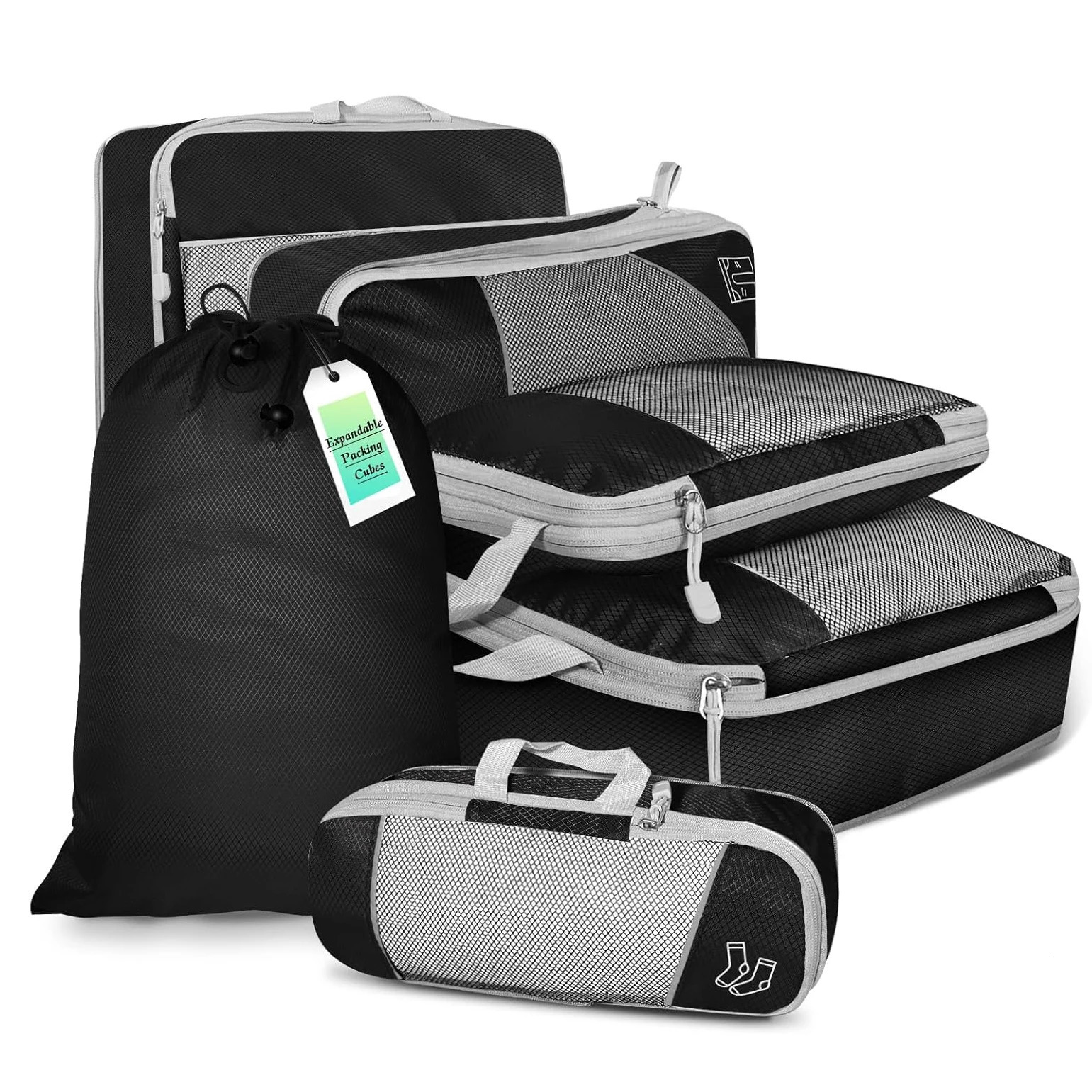 6PCS Travel Compressed Packing Cubes Storage Organizer Set With Shoe Bag Mesh Visual Luggage Portable Lightweight Suitcase Bag 250507