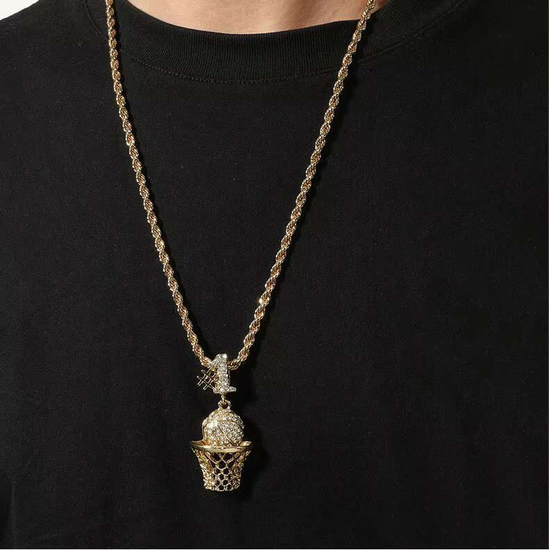 Stainless Steel Inlaid Zirconia Diamond 100 Full Basketball Frame Necklace Twisted Rope Chain Sports Men and Women Jewelry