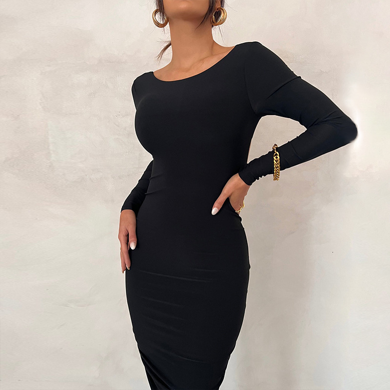 Hot New Solid Sexy Backless Pleated Long Temperament Slim Dress