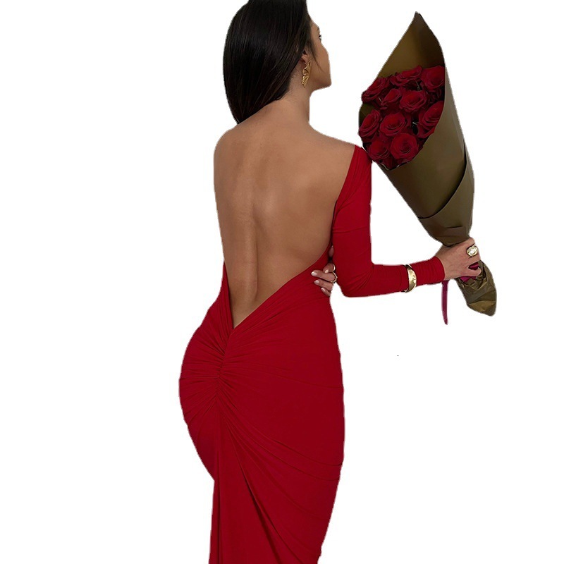 Hot New Solid Sexy Backless Pleated Long Temperament Slim Dress