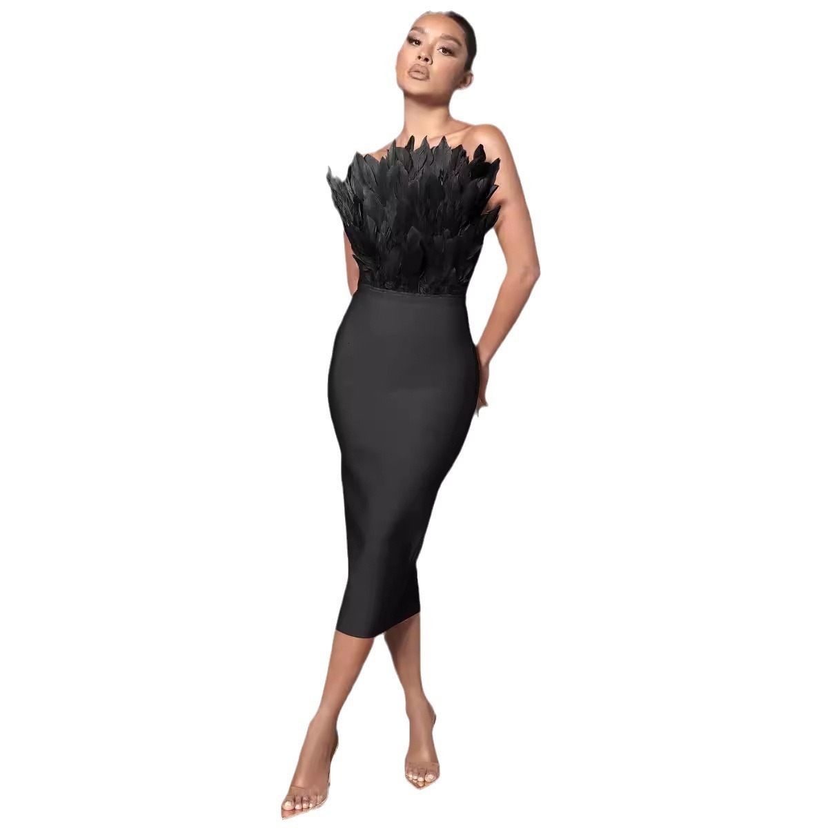 Christmas new mid long fashion dress with topless ostrich hair high-end temperament bandage dress for women 240415