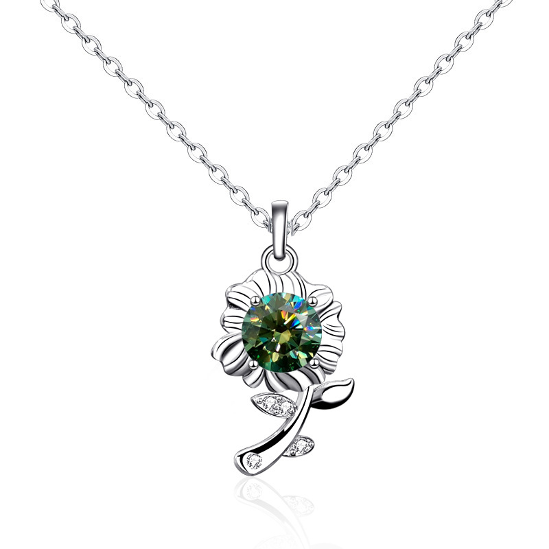 925 Sterling Silver Necklace Green Moissanite Sunflower Pendant Jewelry for Valentine's Day Gift