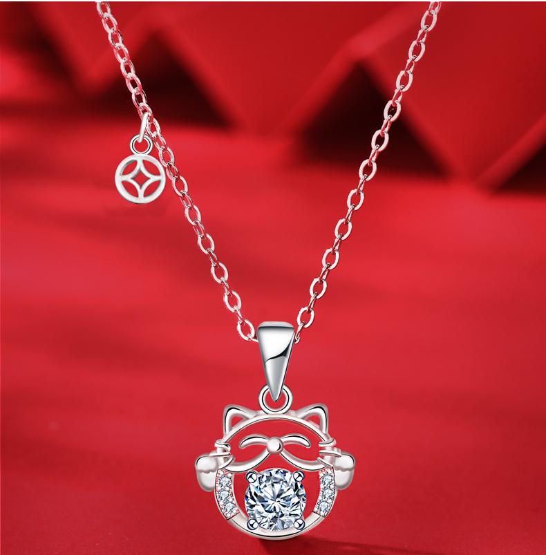 Chinese Style Necklace 925 Sterling Silver DIY Lucky Cat Moissanite Pendant