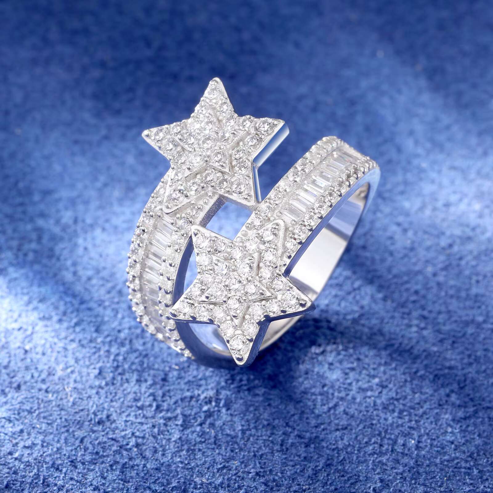 Luxury Engagement Gift Jewelry 925 Sterling Silver VVS Baguette Moissanite Diamond Two Star Bank Ring for Men Women