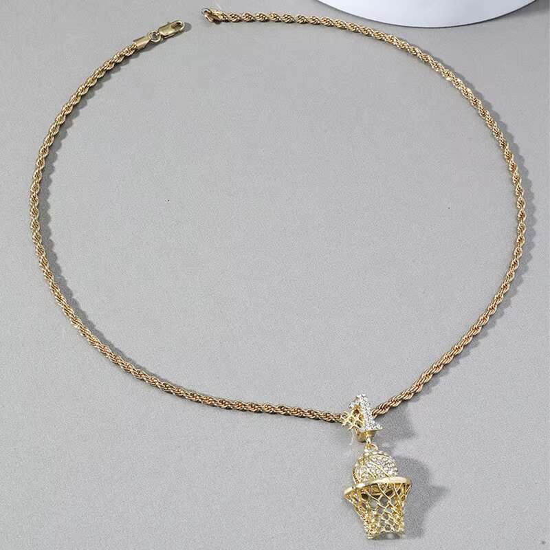 Stainless Steel Inlaid Zirconia Diamond 100 Full Basketball Frame Necklace Twisted Rope Chain Sports Men and Women Jewelry