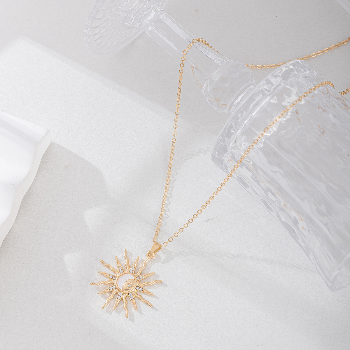 Sun & Star Pendant Necklace - Gold Plated Zinc Alloy Layering Chain with Zirconia, Dainty Celestial Jewelry for Women, Trendy Viral Necklace