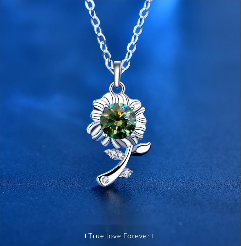 925 Sterling Silver Necklace Green Moissanite Sunflower Pendant Jewelry for Valentine's Day Gift