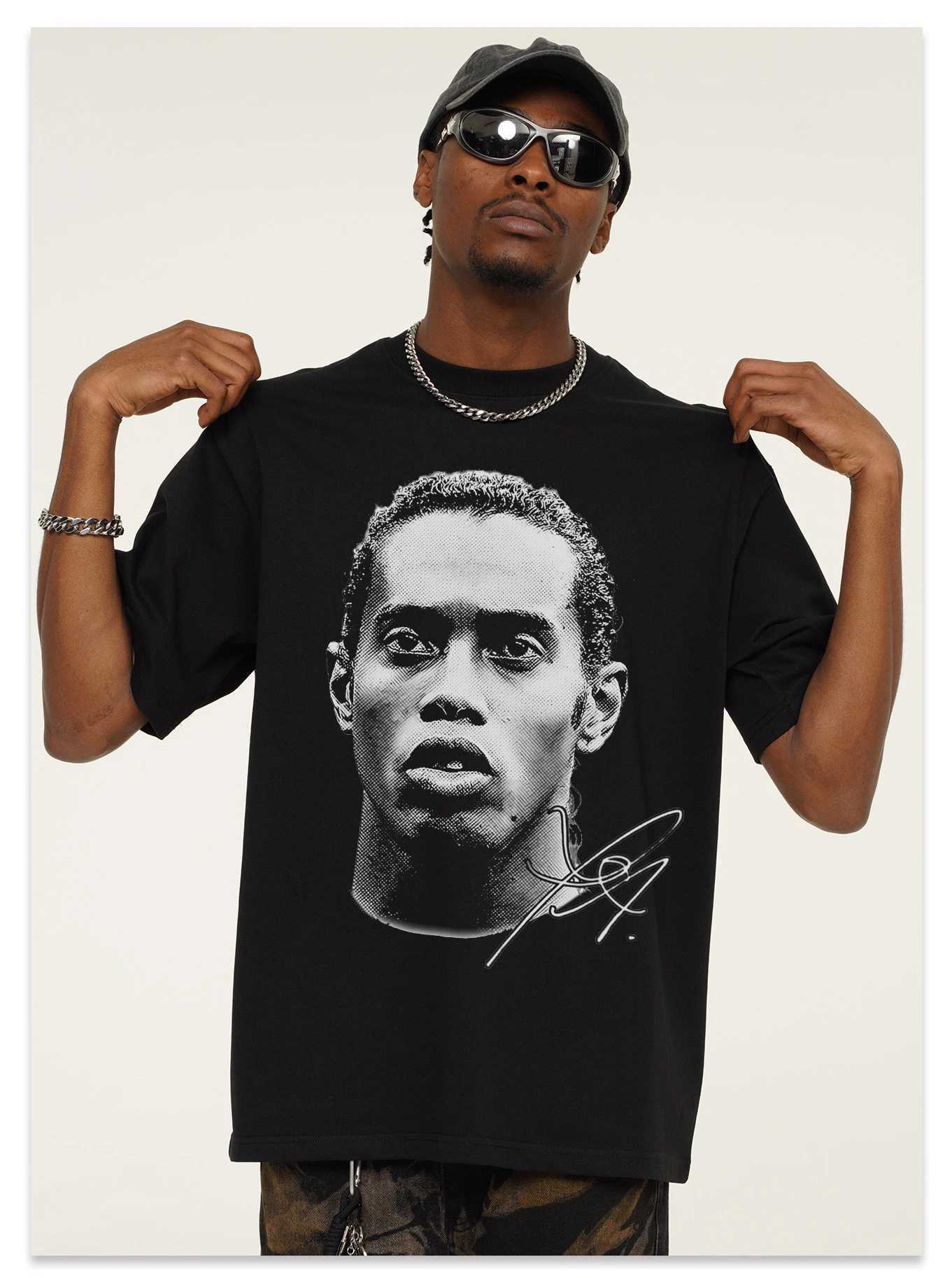 Ronaldinho Head Printed Short Sleeve Fashion Brand Crew-neck Cotton Casual Breathable High Quality Mens T-shirtT250509