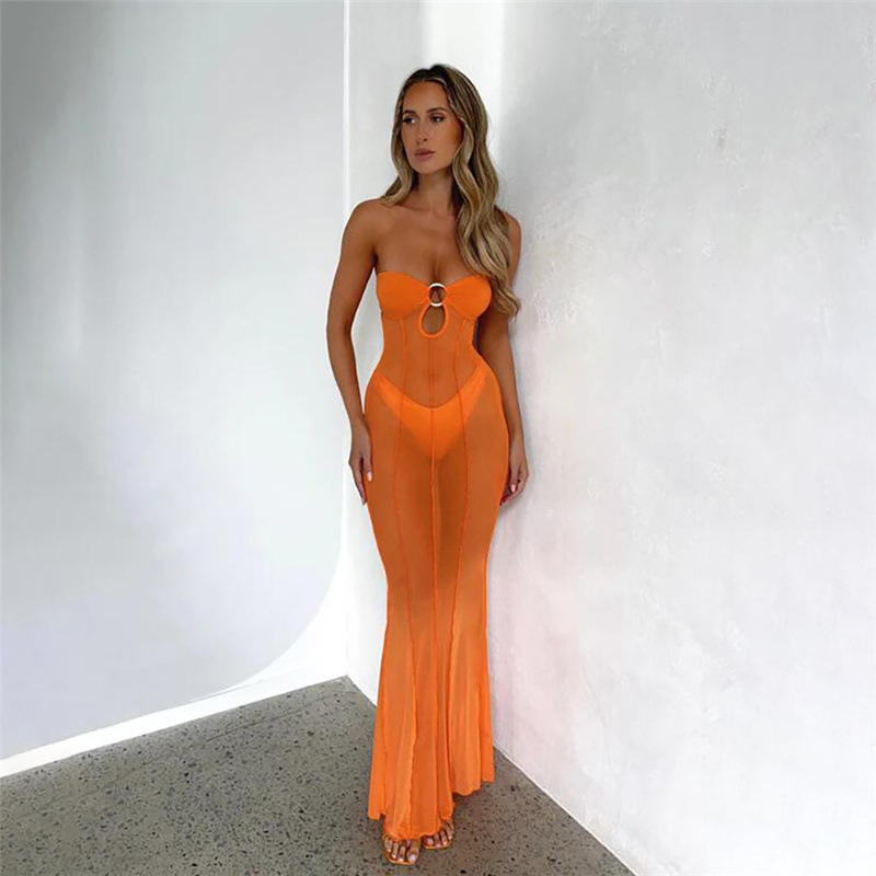 Fengqiu Winter New Womens Fashion One line Neck Hollow out Sexy Perspective Mesh Slim Fit Dress for Women