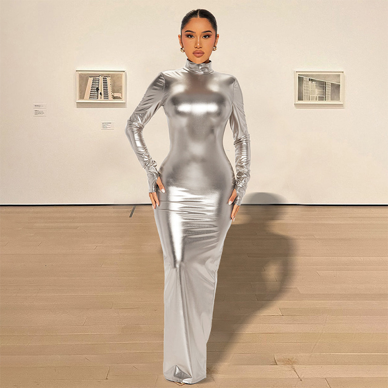 Sexy High Neck Backless Party Metallic Shiny Dress Elegant Long Sleeve Bodycon Pencil Dresses for Women Evening Slim Lady Dress 240823