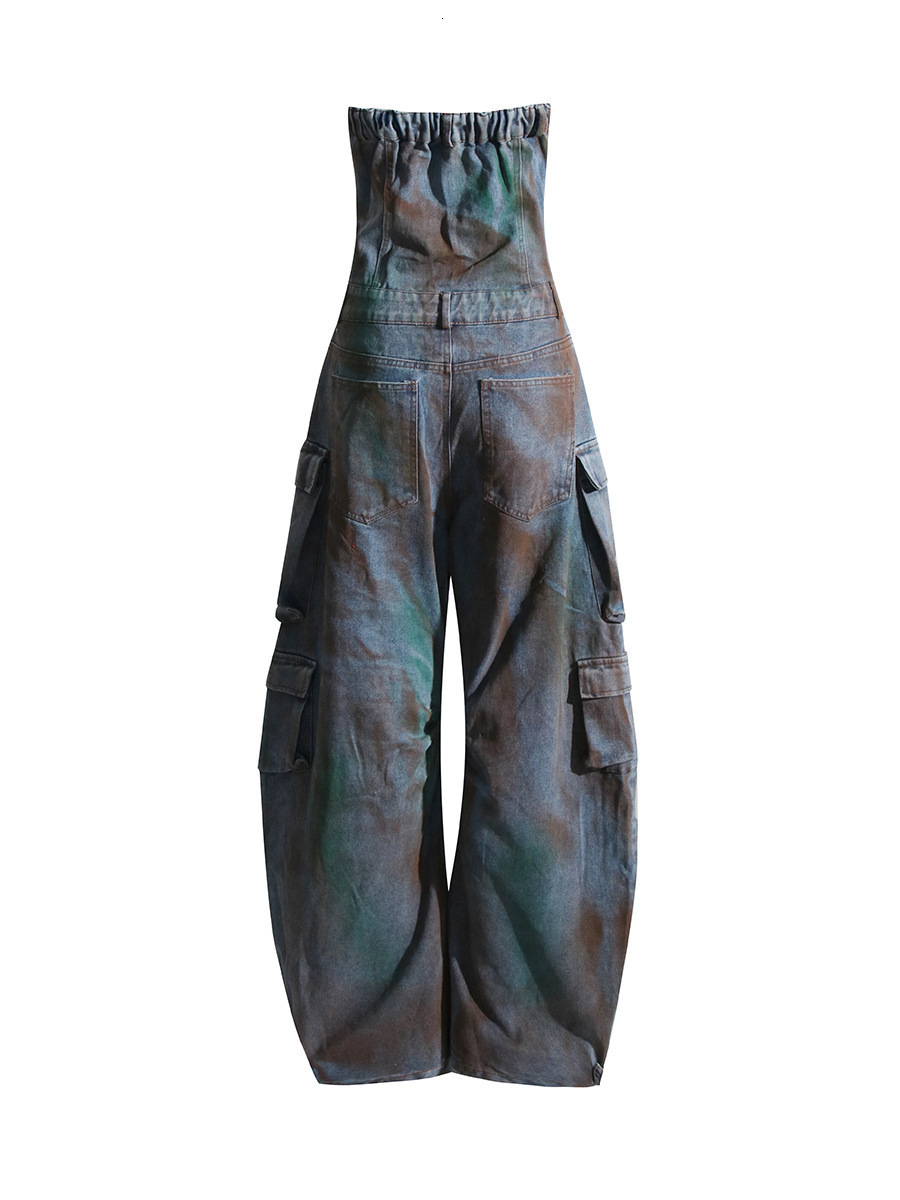 Plus Size Womens Denim Jumpsuit Blue Camouflage Off-the-shoulder Pocket Button Denim Jumpsuit 240819