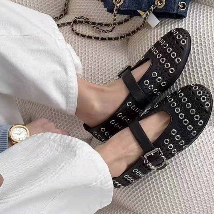 2025 free shipping loafers womens ballet flats heels Hollowed-out metal ring mary jane shoes shallow mouth round toe luxury shoes spring summer dress 