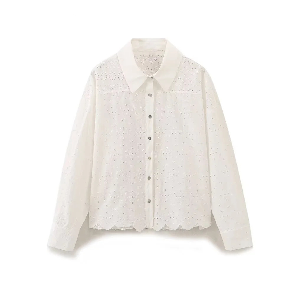 PB ZA2024 Summer Fashionable Casual Womens Long Sleeve Collar Hollow Embroidered Shirt Folding Short Set 250430Z