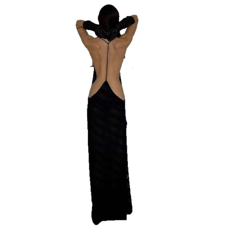 Wind womens clothing 2025 spring new style spicy girl sexy side slit big open back slim fit see through dress