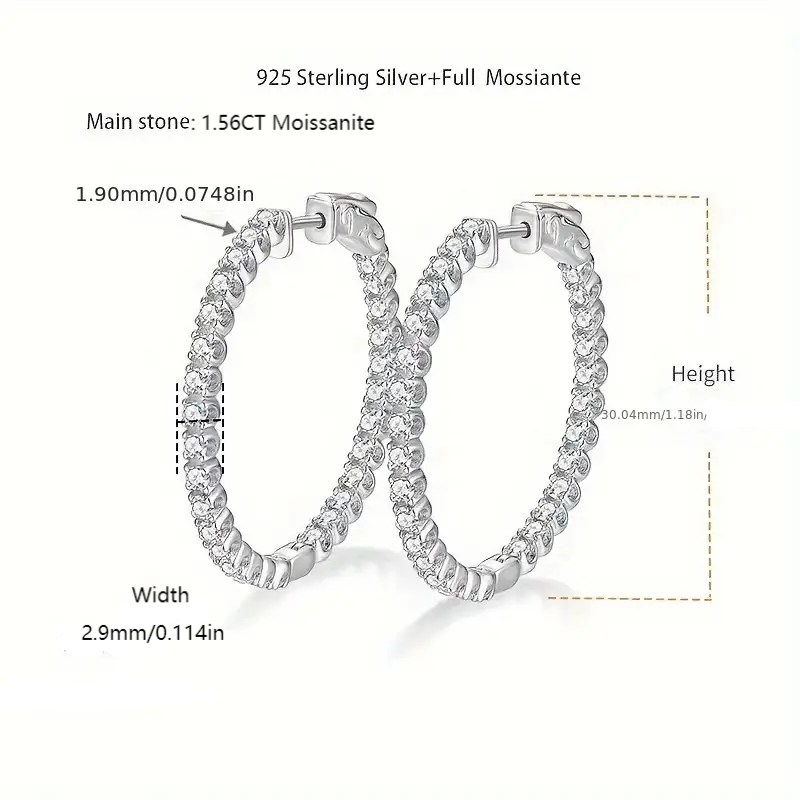 925 Sterling Silver VVS1 Moissanite 30mm Hoop Earrings, Fashion star personality earrings