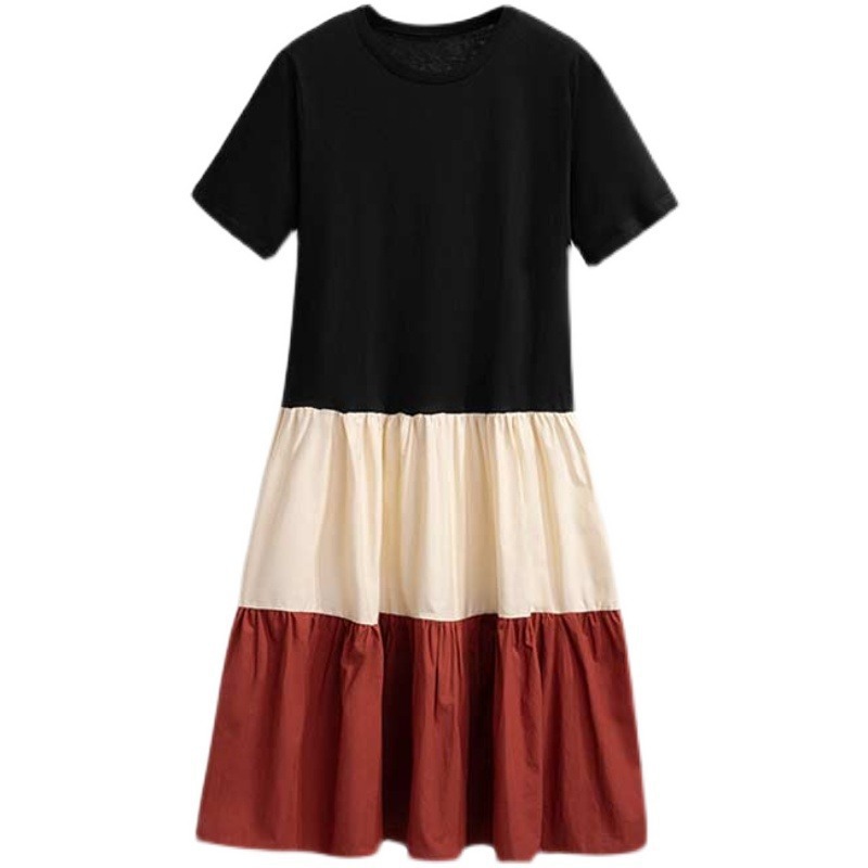 BQ155 Dress splicing contrast color female student loose large size fashionable and stylish medium and long knee-length skirt