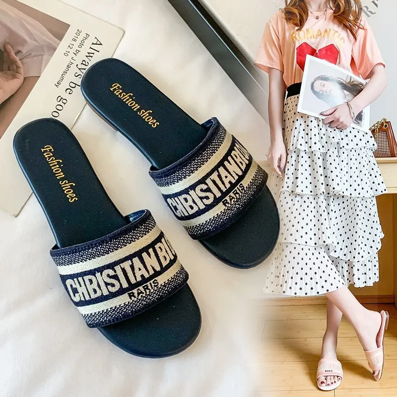 Free shipping 2025 new designer slippers flat slides for womens sandals girl blue pink fashion embroidery slipper outdoor shoes