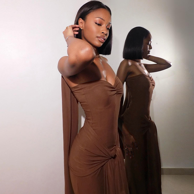 Wind 2025 Spring New Womens Personalized Scarf Collar Slimming Twisted Strap strapless Dress Set for Women