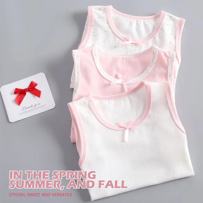 Summer Girls Tank Top Solid Color Floral Cotton Kids Underwear Girls Casual Strappy Camisoles Tops Bow Tie Square Collar Ages3-8 250508