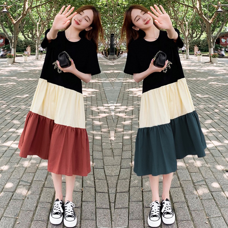 BQ155 Dress splicing contrast color female student loose large size fashionable and stylish medium and long knee-length skirt