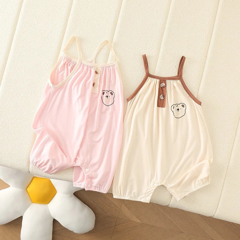 Summer Fashion Cute Baby Sling Double Button Vest Rompers Cartoon Bear Boy Girl Kids Crawling Clothes Soft Toddler Bodysuits 250508