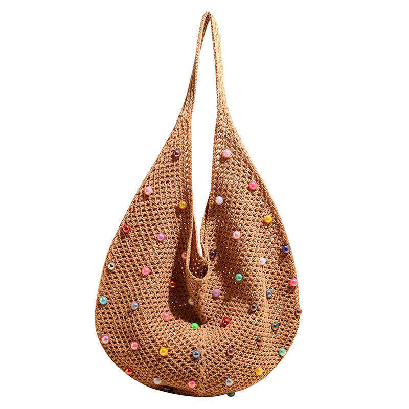 New Relaxation Large Capacity Colored Pearl Knitted Bag with Small Resort Style Hollow Beach Single Shoulder Women's Bag