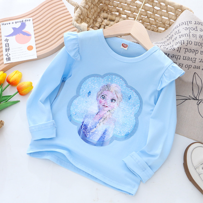 DISNEY Frozen Princess Elsa baby designer clothes Children autumn wear base top girl long-sleeved T-shirt two-sided color-changing sequin princess top