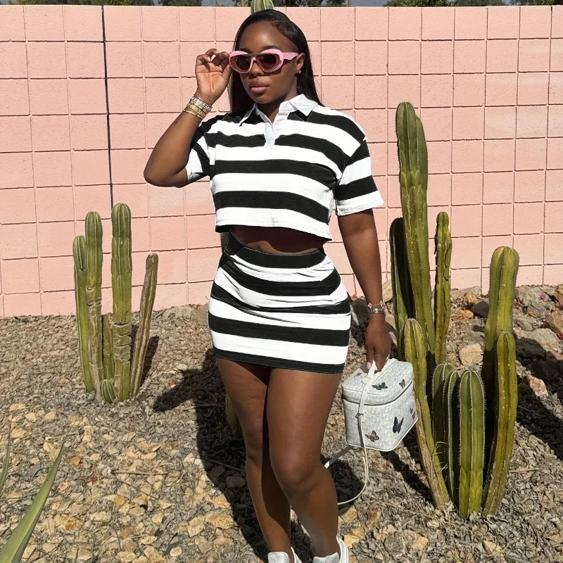 Sporty Fitness Striped Print 2piece set suitable for womens streetwear casual collar shirts cut tops and mini ski sets 250430Z