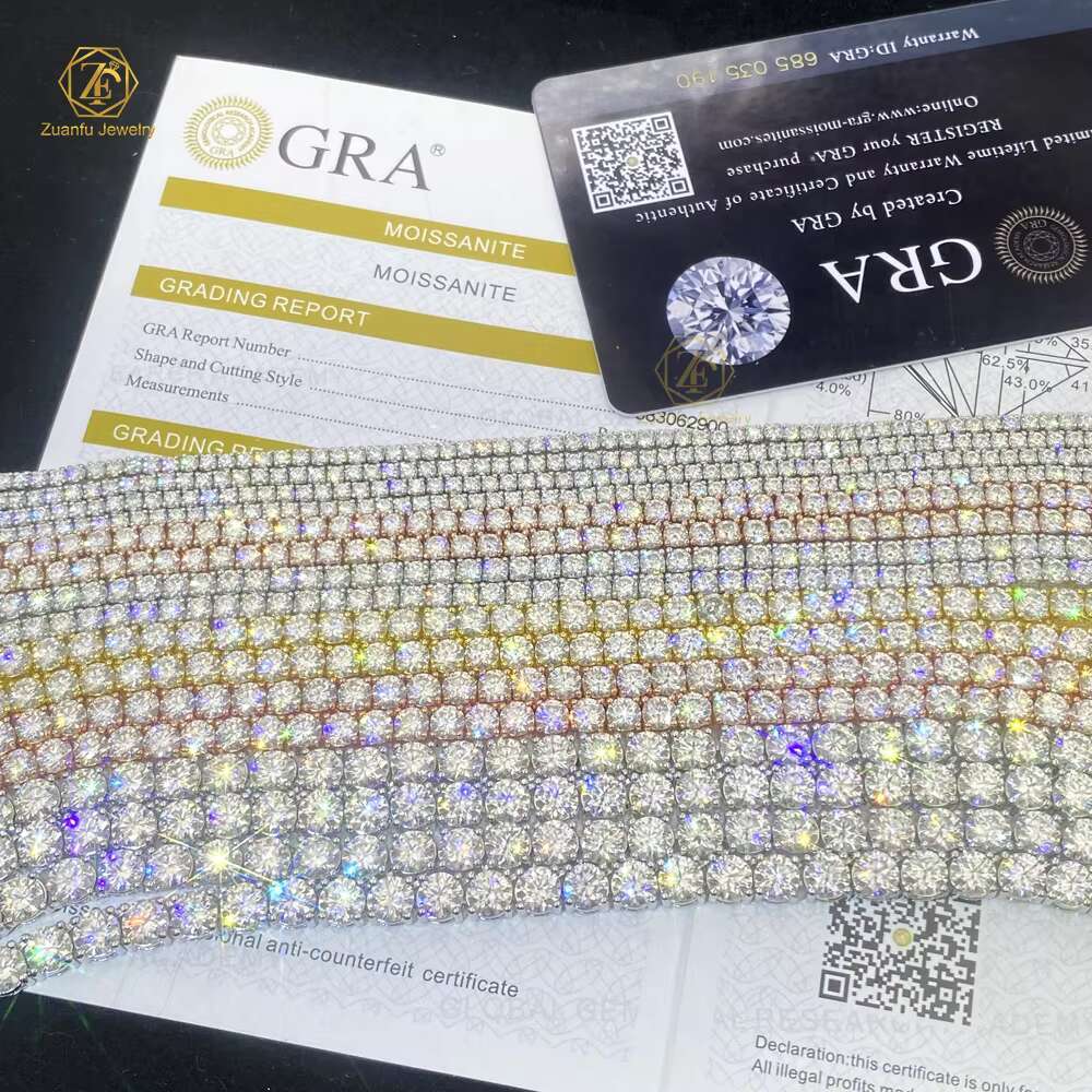 Fashion Hip Hop Jewelry 2MM 3MM 4MM 5MM Width Gold Plated Bling VVS Round Moissanite Tennis Chain Necklace with GRA
