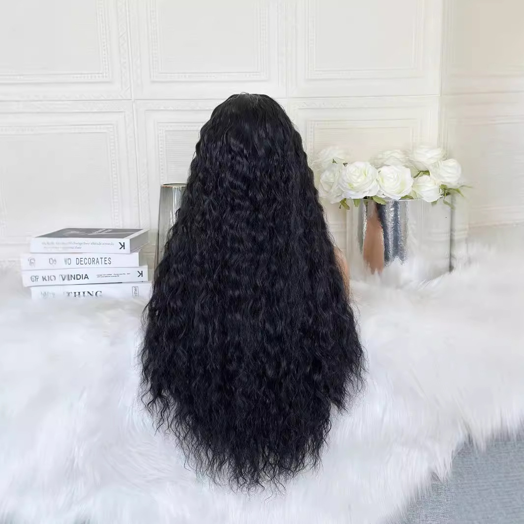 for Wig ladies front lace synthetic headband black medium split long curly hair with water ripples
