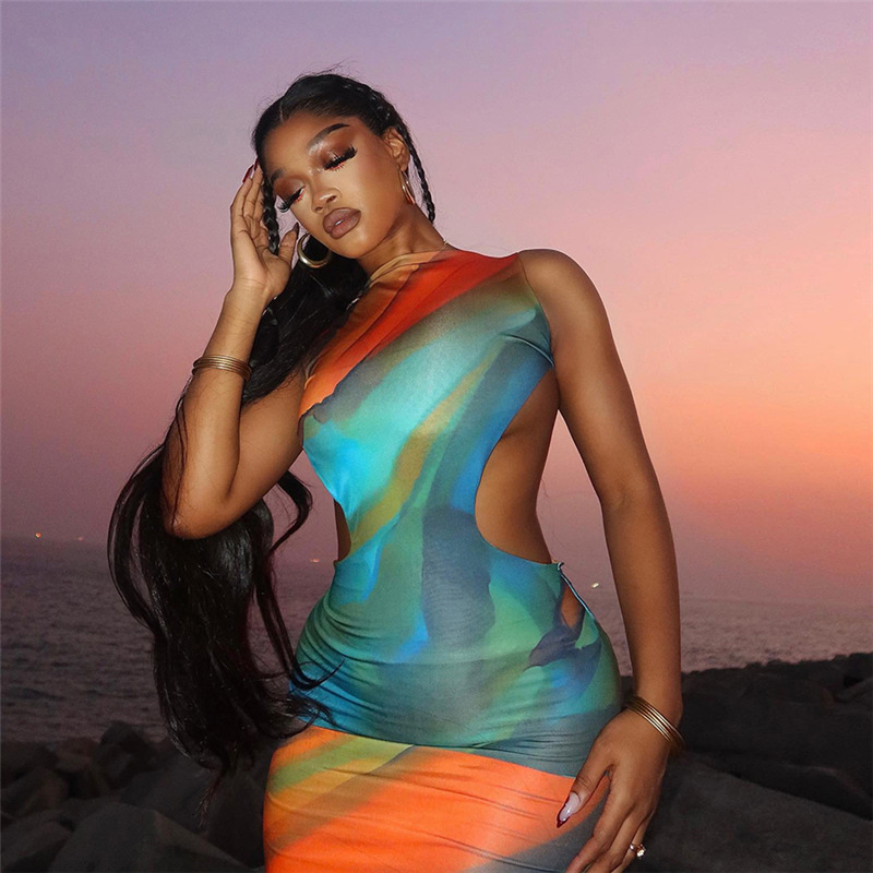 2024 Spring/Summer New Womens Street Fashion Gradient Round Neck Sleeveless Open Backpack Hip Dress