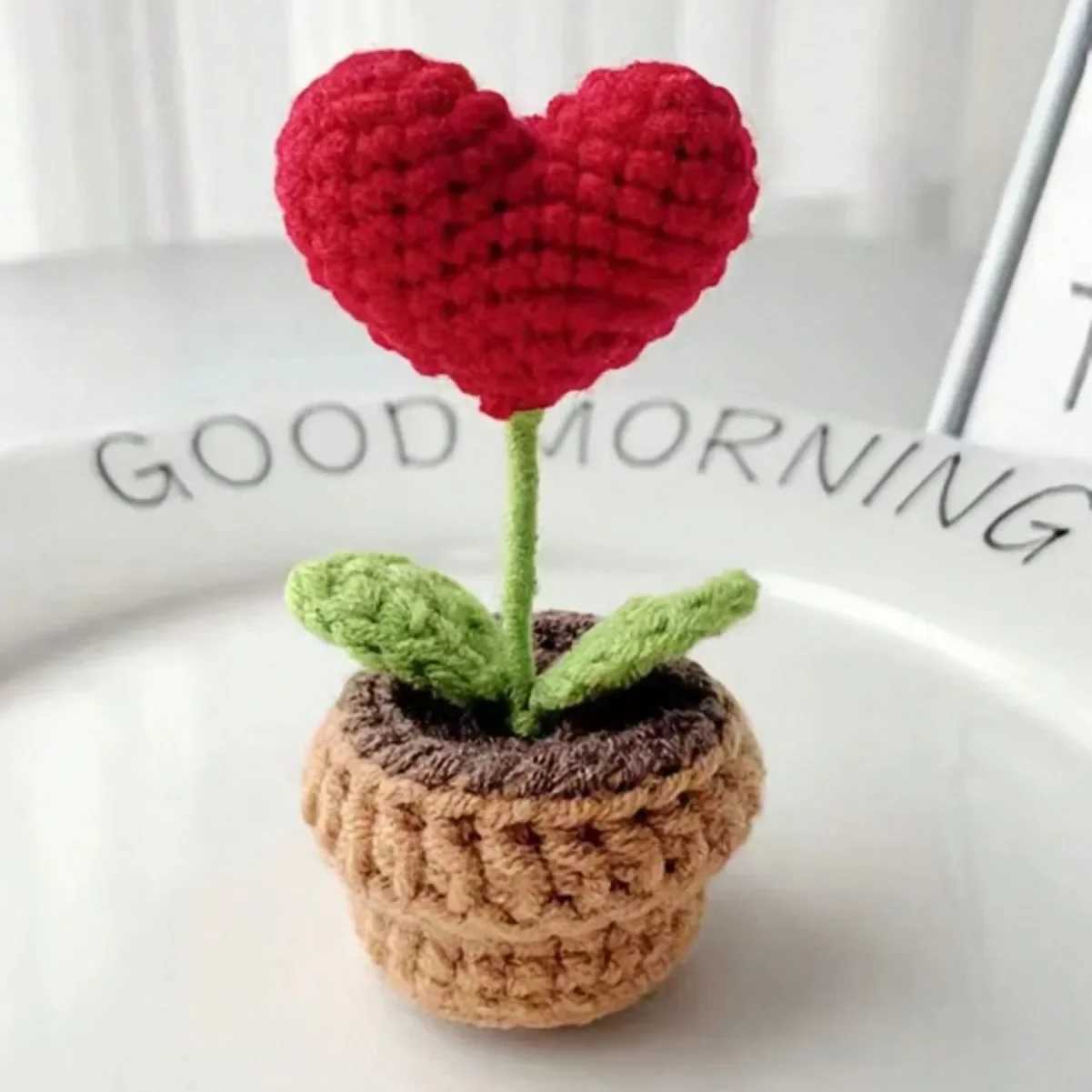 Handmade Knitted Flower Pot Red Heart Shaped Knit Imitation Potted Plant for Valentines Day Gifts Home Desktop Decor X250508
