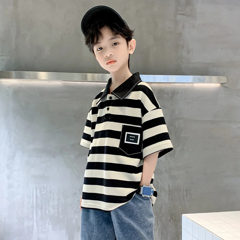 Boys Shorts Sleeve Polo Shirt For Kids Striped Clothes Casual Cotton Tshirts Children Tee Tops Summer Clothing Outfits 5-14Y 250508