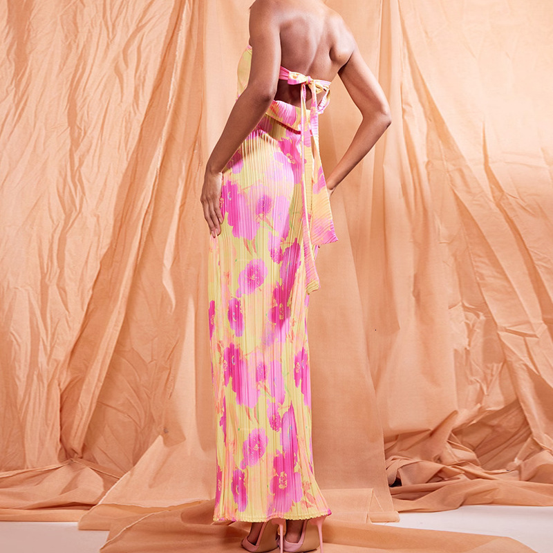 2023 strapless printed pleated slim fit jumpsuit long dress womens dress