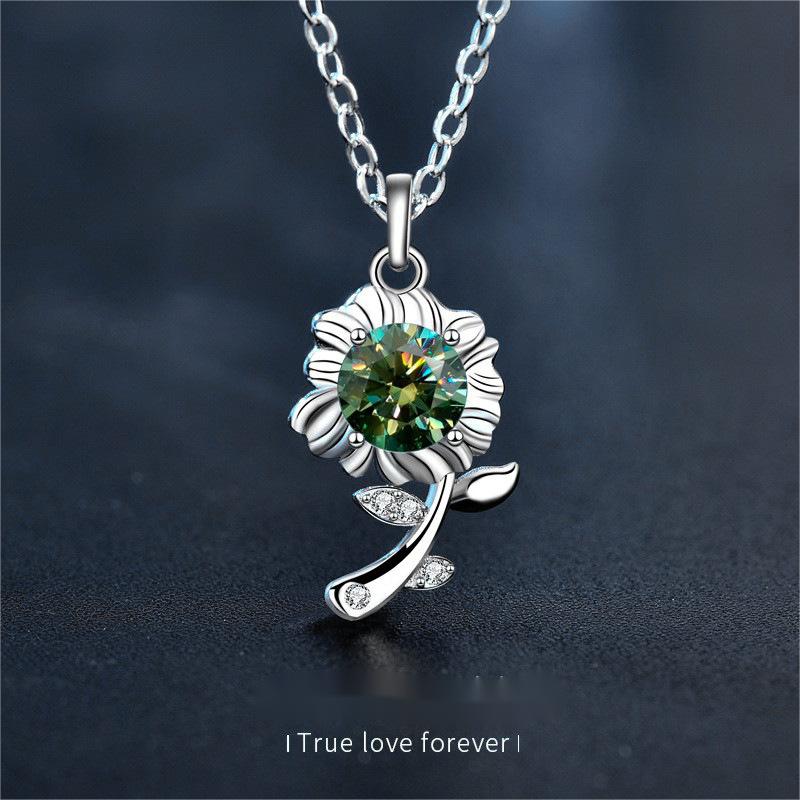 925 Sterling Silver Necklace Green Moissanite Sunflower Pendant Jewelry for Valentine's Day Gift
