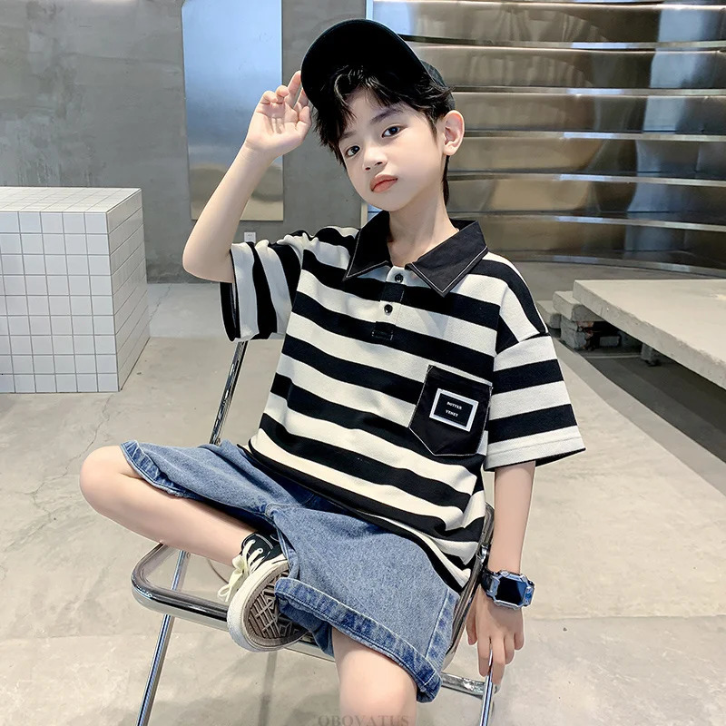 Boys Shorts Sleeve Polo Shirt For Kids Striped Clothes Casual Cotton Tshirts Children Tee Tops Summer Clothing Outfits 5-14Y 250508