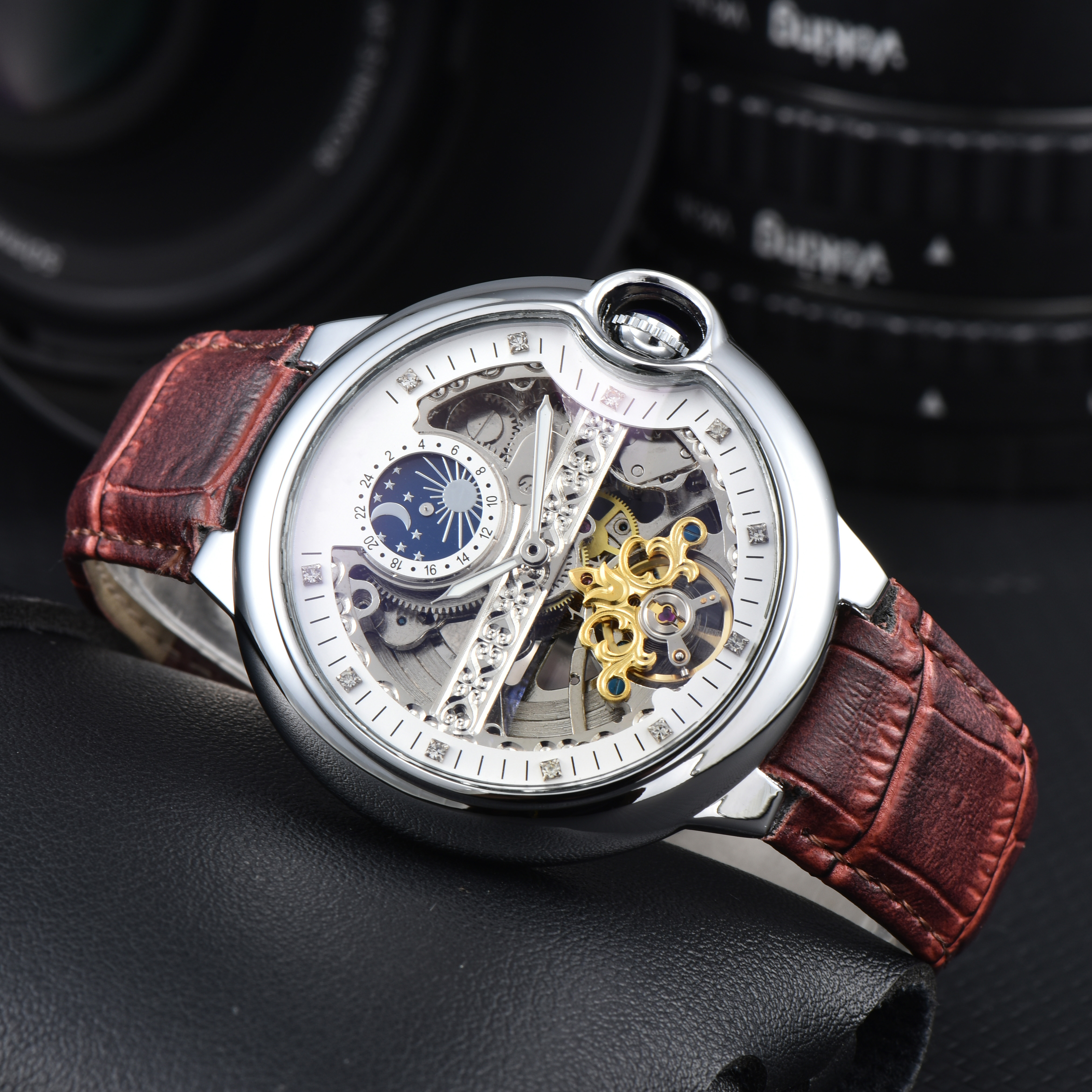 Mens Watches 40mm diameter All Dial Work Mechanical movement Watch Top Luxury Brand Chronograph Clock hollow out Mens Fashion WristWatches