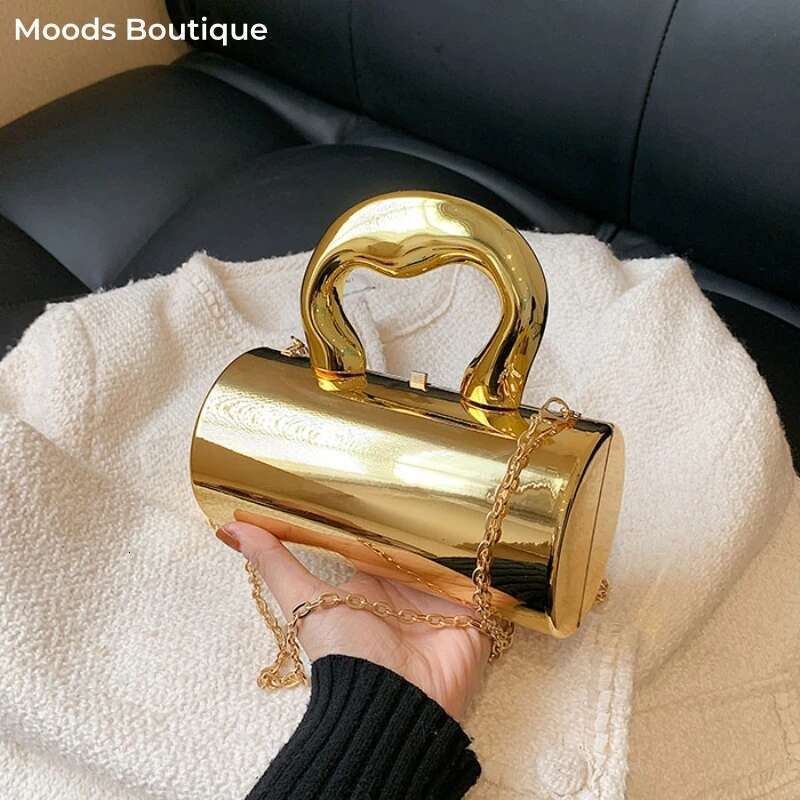 MOODS Golden Cylinder Evening Clutch Bags For Women Wedding Dinner Party Chain Crossbody Bag Designer Purses And Handbags