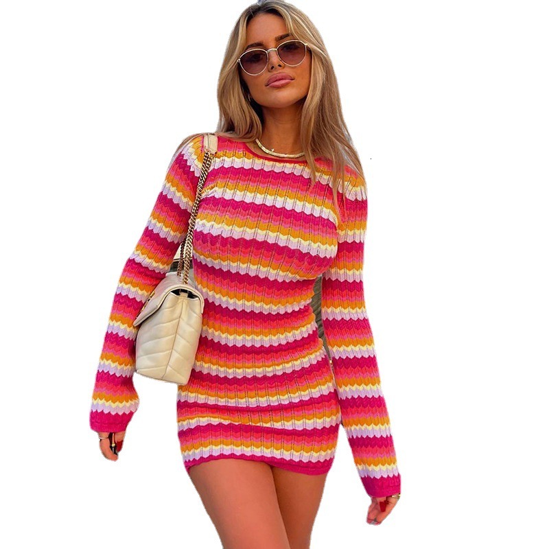 2023 Summer Hot New Leaky Back Lace up Hollow Candy Color Long Sleeve Dress for Women