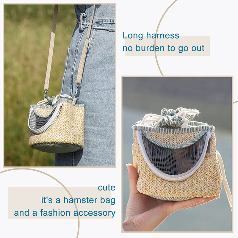 on Safari Small Pets Outdoor Bag, Hamster Portable Carrier with Shoulder Strap, Straw Mesh Breathable Outgoing Hangbag for Rat Mice Bird Sugar Glider 