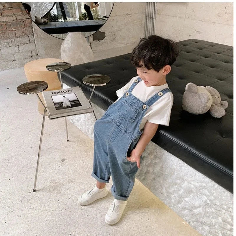 Spring Autumn Boys Girls Baby All-match Casual Jeans Light Color Denim Overalls Trendy Baby Thickened One-Pieces Denim Overalls 250508