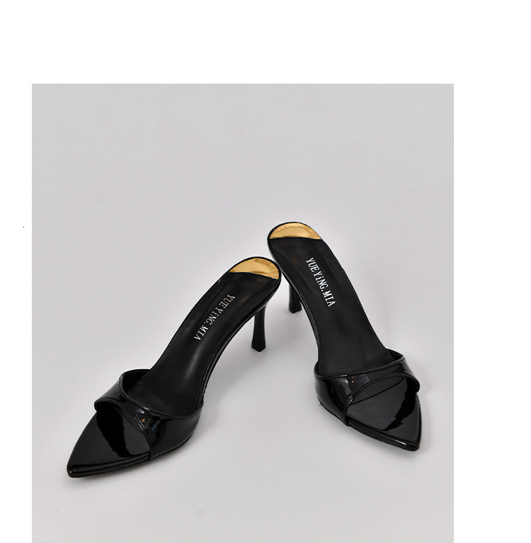 2025 Summer New Style One Word Solid Color Fashion Womens Large Pointed High Heel Slippers 250321