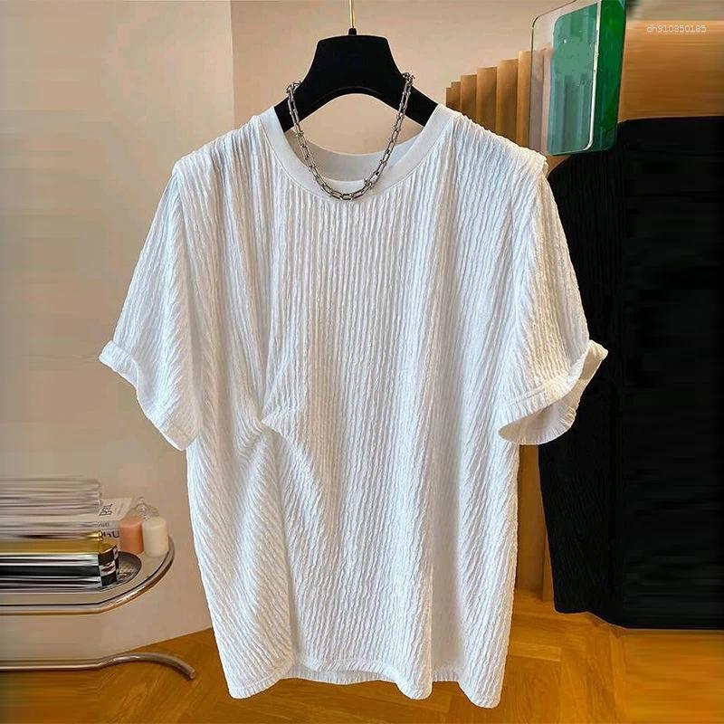 Men's T Shirts Summer Clothing Luxury Korean O Collar T-shirt Streetwear Leisure Short Sleeve Solid Color Retro Fashion Textured