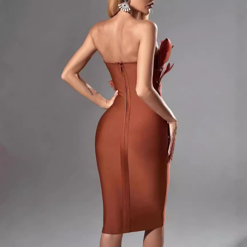 Christmas new mid long fashion dress with topless ostrich hair high-end temperament bandage dress for women 240415