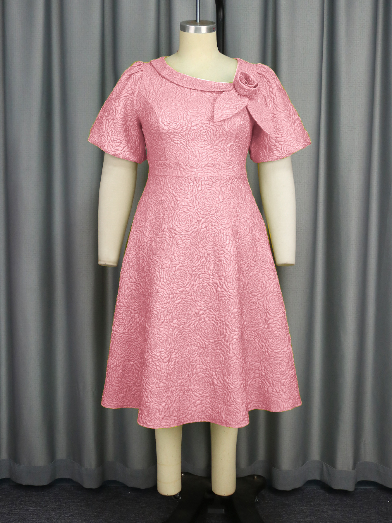 Classical Bridesmaid Dress a Line Rose Jacquard Flower Asymmetric Collar Midi Puff Sleeves Women's Daily Wear AM040856