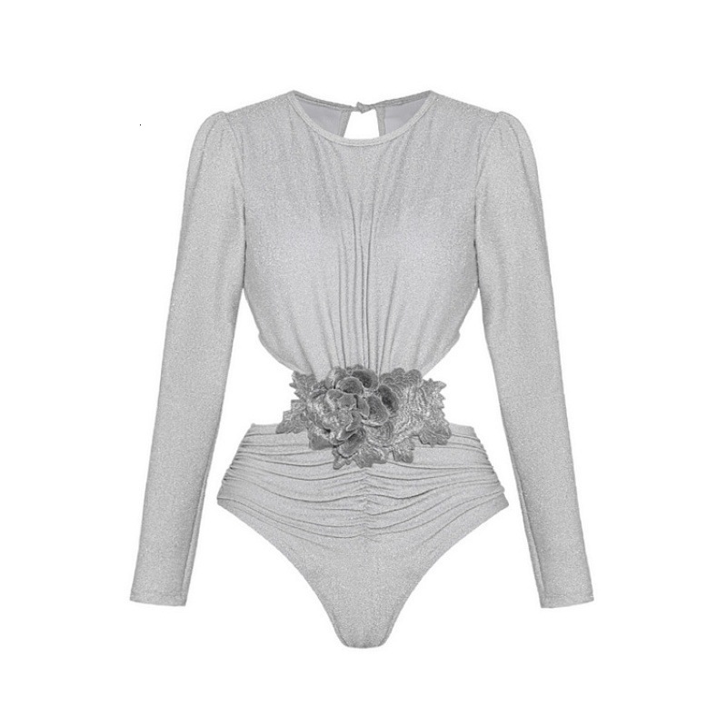 Silver shiny one-piece swimsuit set with womens long sleeves and hollow out design simple and high-end swimsuit style 250314