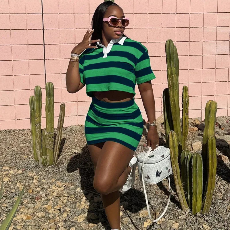 Sporty Fitness Striped Print 2piece set suitable for womens streetwear casual collar shirts cut tops and mini ski sets 250430Z