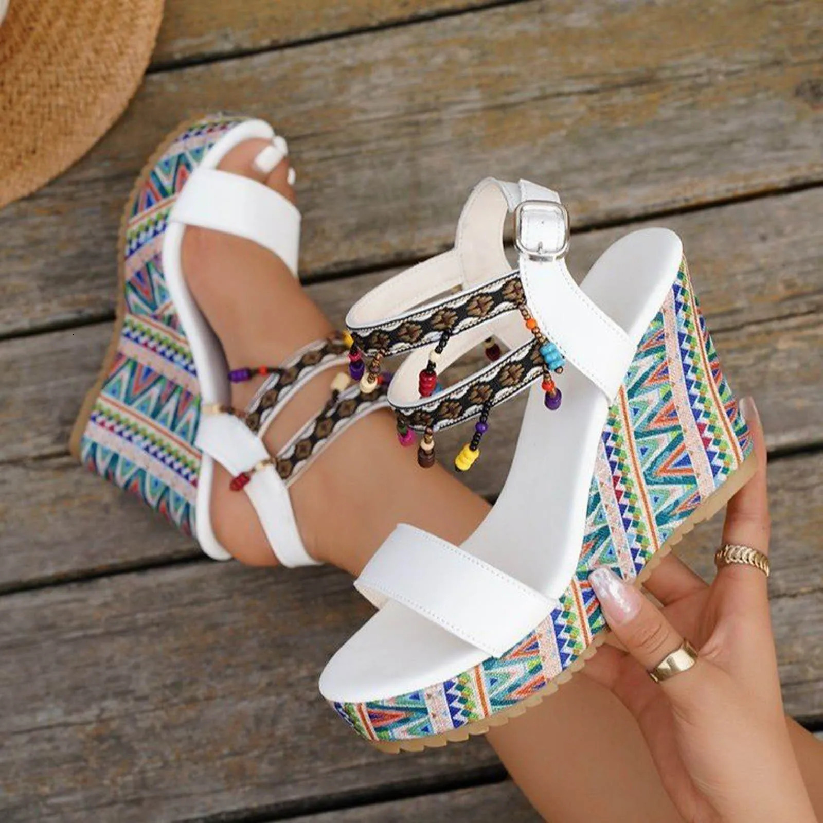 WomenS Shoes Elegant Heel WomenS Wedge High Heel Casual Sandals Fashion Beaded Sandals Sandales Femmes 250507